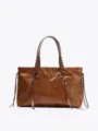 Brown PU leather tote bag detail, braided handles, front zippers, casual daily travel handbag - L / Brown