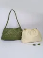 Borsa a spalla sotto l'ascella in pelle intrecciata artigianale, set borsa madre-figlia casual. - Verde