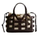 Hollow-out brown leather and beige canvas tote bag, stylish drawstring shoulder bag variant. - Coffee