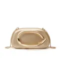 Metallic gold clutch bag detail showcasing unique curved metal ring handle and chain strap. - Gold