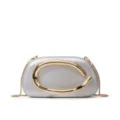 Silver metallic hardcase clutch bag with bold gold C-shaped hardware and chain strap. - Silver