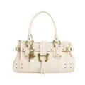 Sac cabas vintage blanc avec cadenas pour femmes, sac à épaule rétro avec rivets et clés dorées. - Blanc