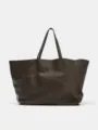 Dark brown leather tote bag detail, spacious minimalist design for daily commute. - L / Coffee PU