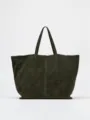 Dark green suede tote bag, large capacity retro shoulder handbag for daily commuting. - L / Dark Ink Grey
