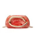 Orange marble acrylic clutch bag with bold gold C metal clasp and chain strap variant. - Coral