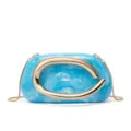 Blue marbled acrylic evening clutch bag with gold metal ring detail and chic chain strap. - Blue