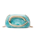 Turquoise marble hard shell clutch bag with gold C-shape metal handle and chain strap. - Teal