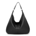 Vintage black soft leather hobo shoulder bag, large capacity daily commuting tote handbag. - Black