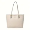 Elegant white tote shoulder bag for women, stylish faux leather handbag with gold hardware details. - S / White