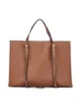 Brown leather tote bag detail view showing contrast stitching and dual handles design. - S / Tan