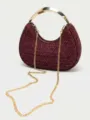 Burgundy Woven Dumpling Bag Metallic Handle Crossbody Handbag Stylish Evening Purse - Purple