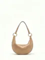Chic beige suede crescent shoulder bag with metal ring straps, retro underarm hobo purse style. - S / Apricot Suede