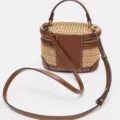 Stylish straw leather vanity shoulder bag, woven crossbody handbag with top handle for women. - Brown