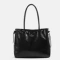 Black glossy tote bag for women, large capacity shoulder bag with stylish drawstring design. - Large / Black