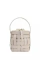 Grey Woven Leather Bucket Bag Casual Handbag with Drawstring Canvas Inner Lining - Off White