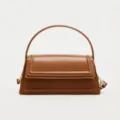 Brown mini structured crossbody handbag, elegant top handle city casual fashion daily use. - Tan