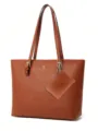 Brown saffiano leather tote bag for women, large capacity shoulder handbag with small pouch. - S / Brown Two-piece Set