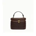 Elegant dark brown woven vanity bag with top handle and gold zipper for women chic style - Coffee Woven Straw