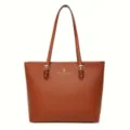 Brown women tote bag, PU leather shoulder handbag with dual straps and gold tone hardware. - S / Tan