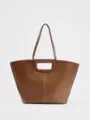 Stylish brown leather tote bag with cutout handle and white stitching for women daily use. - S / Tan