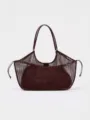 Burgundy leather mesh tote bag with dual handles and side drawstrings, detailed premium texture. - L / Burgundy