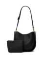 Black soft leather shoulder bag with matching pouch, white stitching and gold hardware details. - L / Black