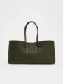 Bolso tote de cuero trenzado marrón oscuro para mujer, bolso de hombro grande y elegante. - L / Verde Oscuro