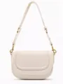 Detailed view of a cream white leather saddle bag featuring contrast stitching and magnetic closure. - S / White