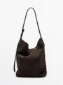 Borsa a secchiello retro in camoscio marrone da donna, borsa a tracolla casual elegante. - Taglia L / Caffè