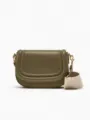 Olive green leather saddle bag with wide canvas strap and chic flap closure for women. - S / Dark Green
