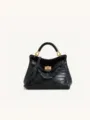 Black crocodile embossed top handle bag with gold lock closure, chic commuter crossbody bag. - S / Black Crocodile Pattern