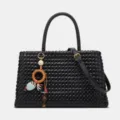 Black woven leather handbag with top handle, shoulder strap and chic wooden charm for women. - S / Black