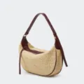 Straw hobo shoulder bag with burgundy leather trim, casual dumpling style variant. - S / Burgundy
