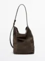 Women vintage suede bucket bag slouchy commuter shoulder bag soft faux deerskin handbag - L / Gray