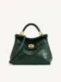 Dark green crocodile embossed leather top handle shoulder bag with metal lock closure. - S / Dark Green Crocodile Pattern