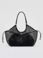Black mesh tote bag, large capacity retro commuting leather handle shoulder handbag fashion. - L / Black