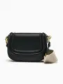 Black leather saddle bag with beige canvas strap and stitching flap design for women. - S / Black