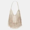 Stylish beige fringe shoulder bag for women, large capacity hobo bag and chic daily handbag. - S / White