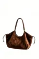 Brown velvet shoulder bag for women retro commuter tote bag with stylish side drawstrings - L / Coffee Suede