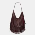 Burgundy leather fringe shoulder bag for women, large capacity stylish hobo handbag. - S / Burgundy