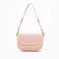 Pink leather saddle bag with flap closure, adjustable strap and gold-tone hardware. - S / Pink