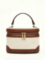 Canvas Color-Blocking Vanity Bag Cosmetic Makeup Handbag Top Handle Travel Boxes Pouch - Brown Canvas
