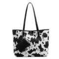 Black and white cow print tote bag for women, large capacity shoulder bag with matching pouch. - Black Cow Pattern