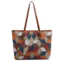 Geometrische Patchwork Shopper Tasche mit Geldbörse, modische Schultertasche mit großem Volumen. - Brauner Riemen Zauberwürfel