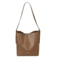 Brown crocodile pattern bucket shoulder bag, casual stylish daily tote bag with metal lock. - Brown