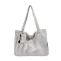 Casual black and white striped canvas tote bag with large capacity, ideal for daily use. - Off White