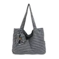 Grey striped canvas tote bag with small pouch, casual large capacity shoulder bag. - Light Gray