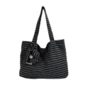 Grey black striped canvas tote bag, large capacity shoulder bag with a small pouch design. - Black and Gray