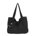Japanese Style Striped Canvas Tote Bag Large Capacity Casual Shoulder Bag for Women - Black