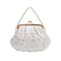 White pearl evening bag elegant shell clutch bag with beaded handle and shoulder chain. - White